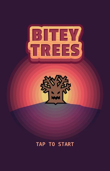 Title screen with &quot;Bitey Trees&quot; logo and an image of one of the monster trees.