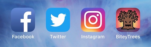 iOS app icons for Facebook, Twitter, Instagram, and a possible icon for the &quot;BiteyTrees&quot; game.