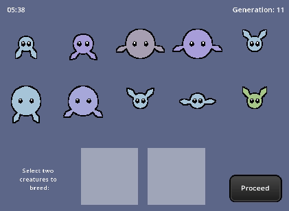 Animated gif showing a game where you selectively breed mutating colorful creatures.