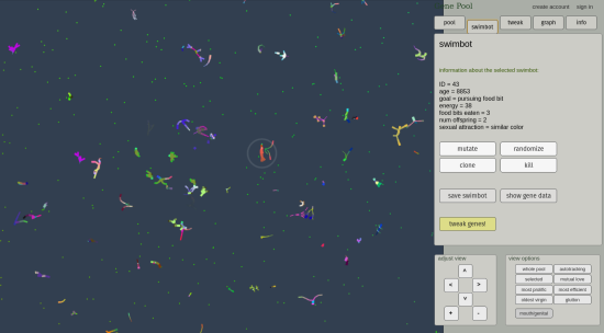 An example of the Gene Pool simulator at the very beginning, with a bunch of random creatures.